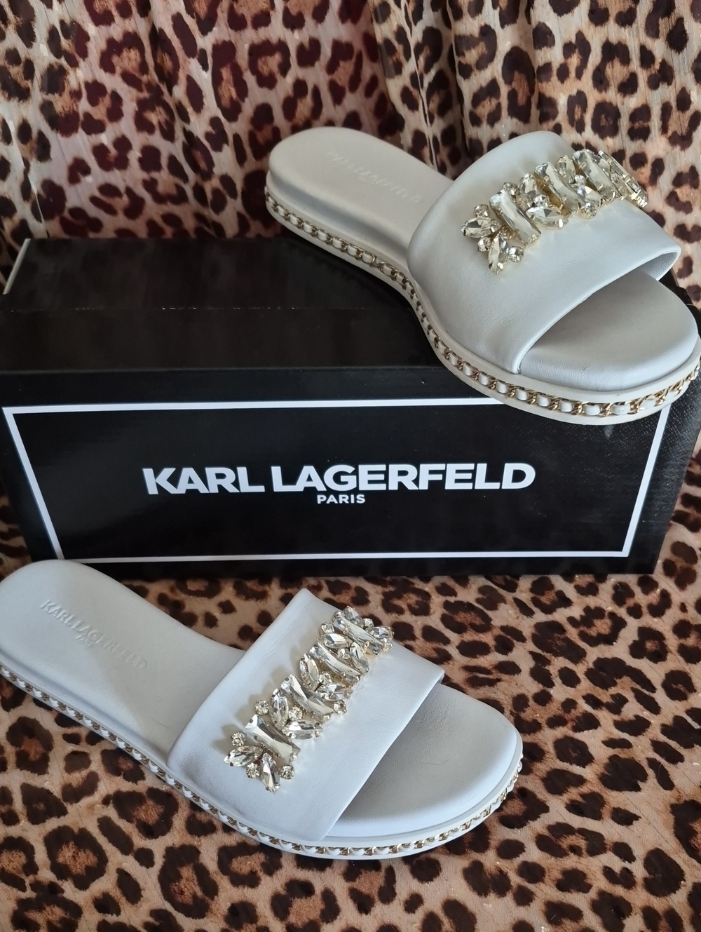 Karl Lagerfeld - Bijou White  Sandals with Crystal  & Goldl Accents